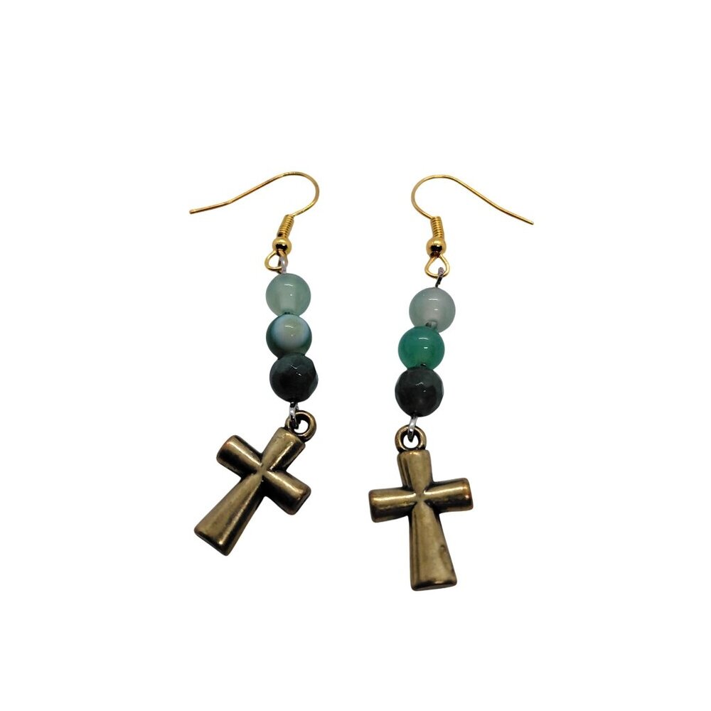 Cross earrings green agate quartzite stones